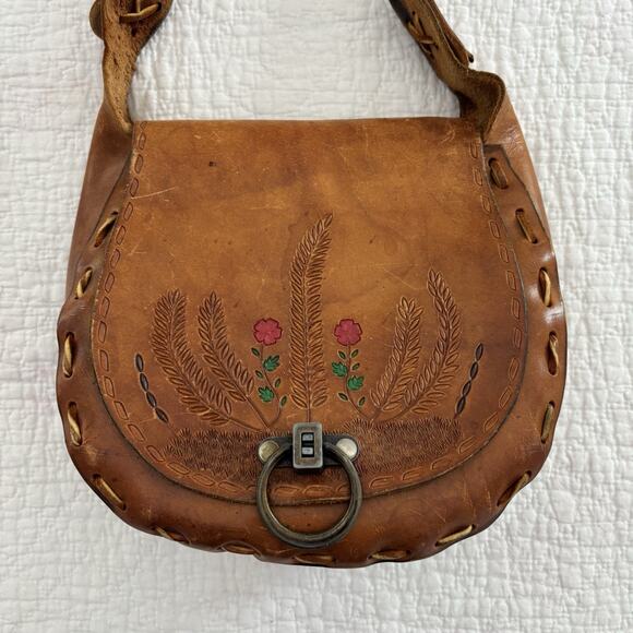 American Vintage Handbags - VTG Hand Tooled Painted Flowers Brown Leather Saddle Bag Boho Hippie